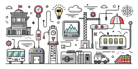 Diverse city elements including transportation buildings and industrial symbols hand drawn style