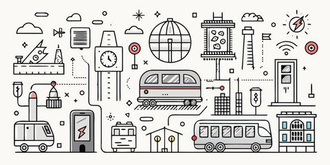 Diverse collection of line-drawn public transportation vehicles and urban elements