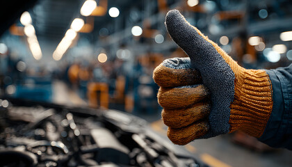 Mechanic gives thumbs up by car engine. Orange, grey glove on hand. Workshop background with tools, auto parts. Pro repairman shows satisfaction with vehicle maintenance. Reliable service, job.