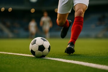 Obraz premium Dynamic shot of a soccer players leg about to kick a football on the pitch.