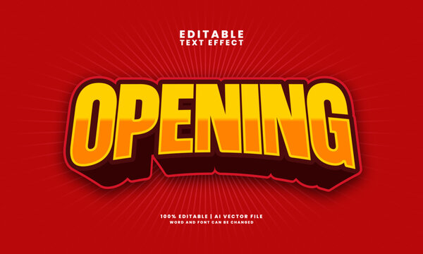 Bold yellow and orange 'Opening' editable text effect with a 3D cartoon style on a red background.