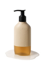 Stylish liquid soap dispenser with pump, water droplets, and puddle.