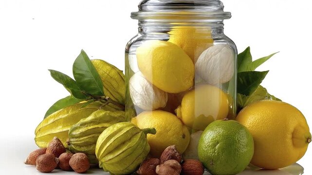 Jar of lemons lychees with carambola lime  nuts