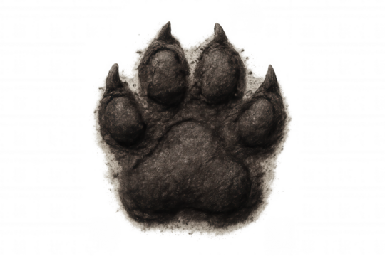 Dog paw print drawing on transparent background, charcoal style creating an animal footprint track