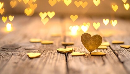 Golden heart accents scattered on rustic wood surface with warm bokeh lights creating a romantic atmosphere for celebrations and special occasions