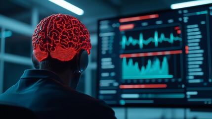 A person with a glowing brain visualization listens to data analysis on a screen, merging neuroscience and technology in a modern workspace.