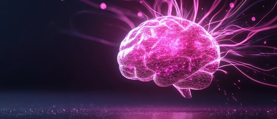 A vibrant, digitally-rendered brain emits colorful energy, symbolizing thought, creativity, and neurological activity in a dark background.
