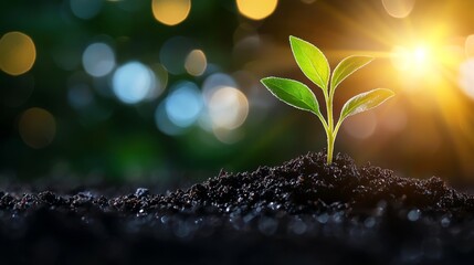 A young sprout emerges from rich soil, illuminated by sunlight, symbolizing growth and new beginnings in a serene environment.