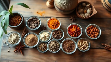 An artistic arrangement of spice cups on a wooden table from an overhead perspective.