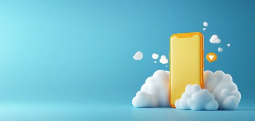 A bright smartphone emerges from fluffy clouds, symbolizing creativity and digital communication against a soothing blue backdrop.