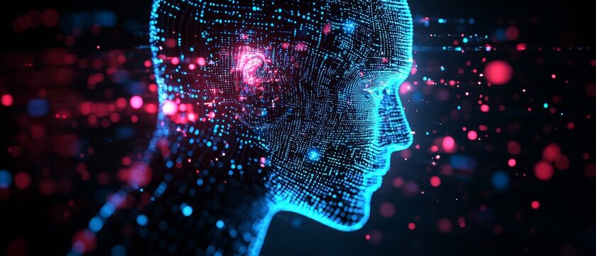 A digital representation of a human head composed of glowing data points, symbolizing the intersection of technology and human intelligence.