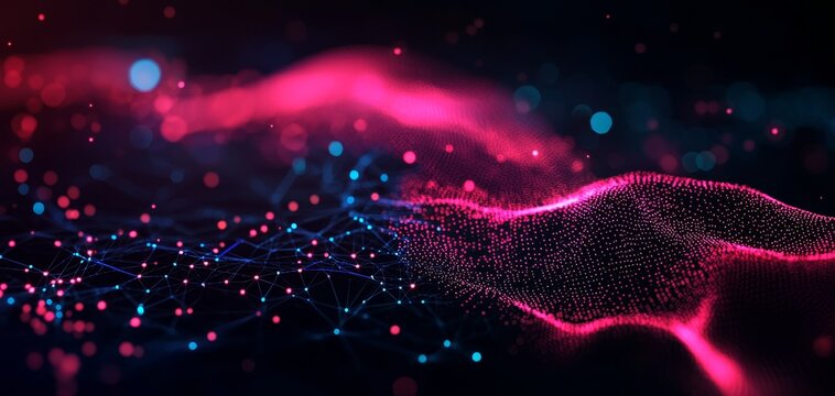 A vibrant digital landscape featuring flowing patterns and bright dots, creating an abstract representation of data and connectivity.