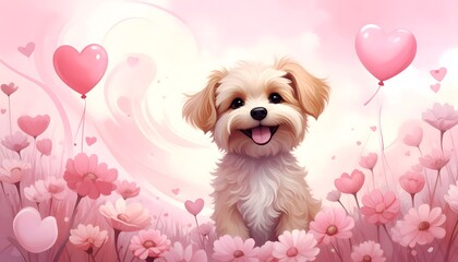 Adorable fluffy puppy surrounded by pink flowers and heart balloons radiating pure joy and unconditional love