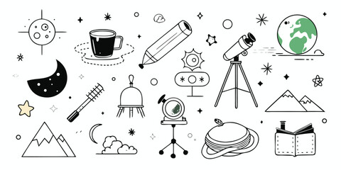 Whimsical doodle collection featuring astronomy space moon coffee and mountains collection