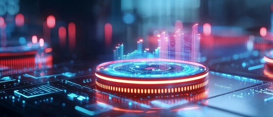 A futuristic digital interface featuring glowing elements and data visualizations, suggesting advanced technology and analytics.