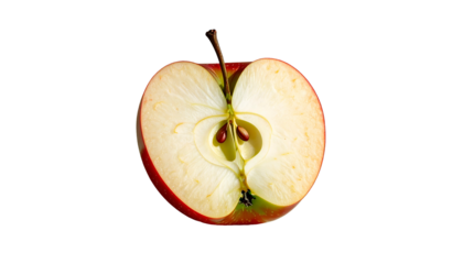 Half-cut red apple showing seeds, stem, and the core