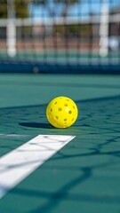 Vibrant yellow pickleball rests on court surface near white line under bright sunlight, ready for dynamic game play and outdoor fun.