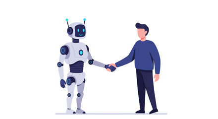 An illustration depicts a humanoid robot shaking hands with a human, symbolizing collaboration.