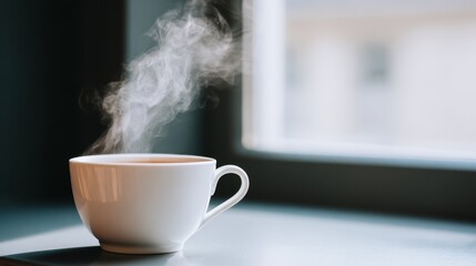Steaming hot coffee cup on rustic wooden table with warm morning light perfect refreshing beverage.