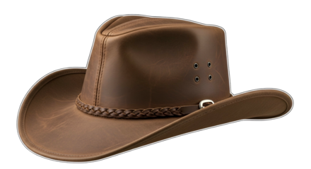 Brown Cowboy Hat Made of Leather with Braided Band and Ventilation Eyelets on Transparent Background