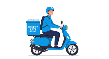 A delivery person on a scooter, wearing a helmet, carrying a food container, and smiling.