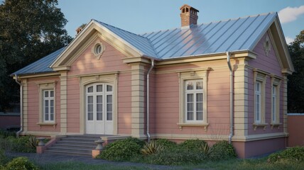 Exterior view of a pink house with white trim and a metal roof in a garden setting architecture design