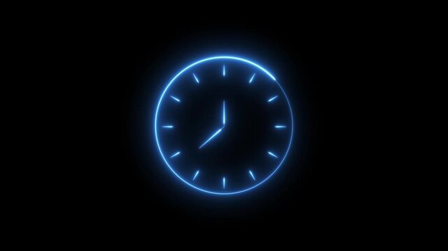 Neon blue clock animation with moving hands isolated on black background, time, deadline, efficiency, productivity, or countdown