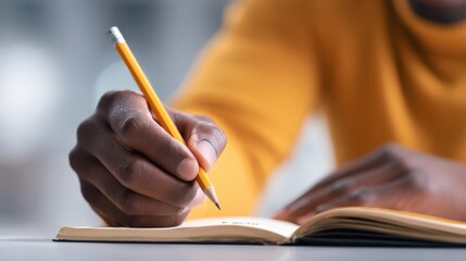 Focused person writing notes in book with pencil creative process and study session.