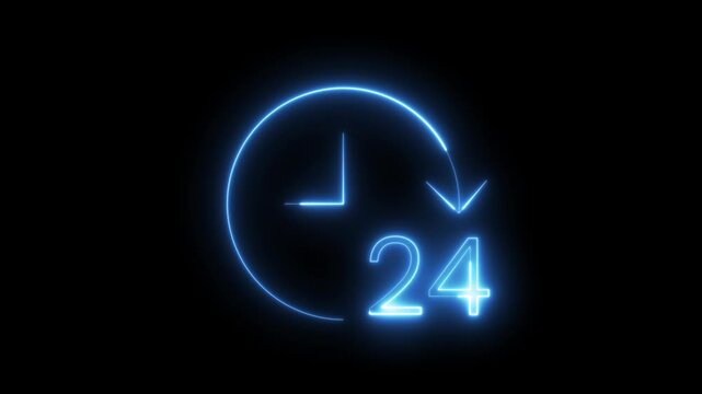Neon blue 24-hour clock arrow animation isolated on black background, continuous service, non-stop support, business availability, or time management