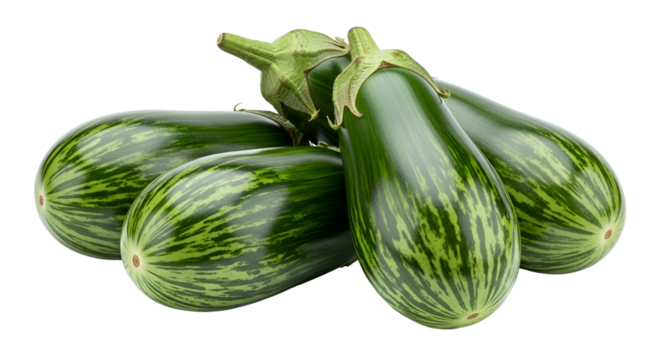 Fresh Green Eggplants with Striped Pattern on Transparent Background