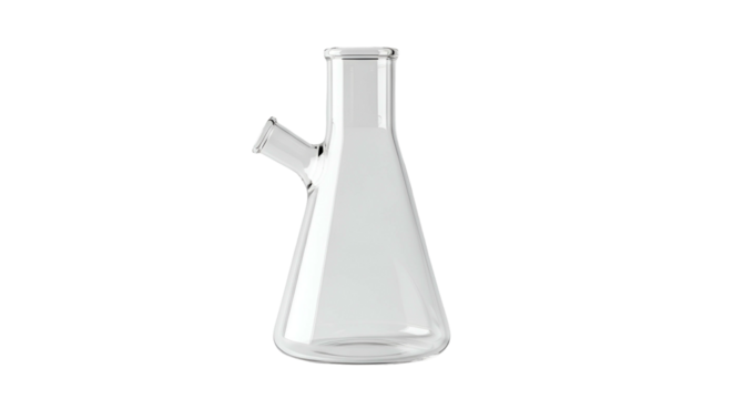 Clear Glass Laboratory Flask with Narrow Neck on Transparent Background