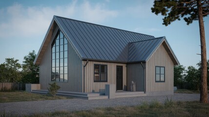 Modern farmhouse design with large windows and metal roof for sale in scenic landscape location near trees