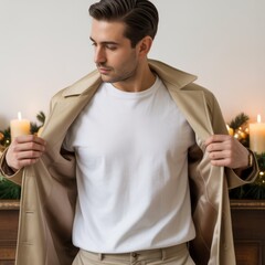 Men's blank white t-shirt mockup. Young male model, opens trench coat showcasing basic tee, stands in room, decorated for holidays. Casual crewneck tshirt template. Men's urban style basic tee mockup