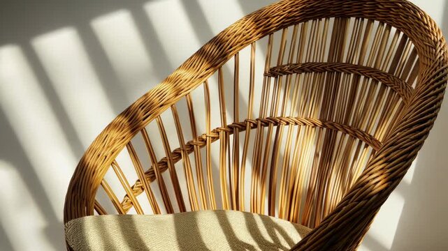 Sunlit wicker chair casting intricate shadows in modern interior setting