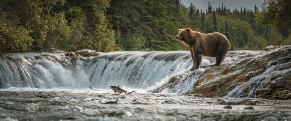 Fototapeta premium A grizzly bear observes the salmon running upstream at a waterfall, surrounded by lush green forest