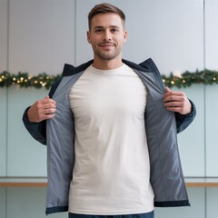 Men's blank white t-shirt mockup. Young male model, opens jacket showcasing basic tee, stands indoors, decorated for Christmas. Casual crewneck tshirt template. Men's urban style basic tee mockup