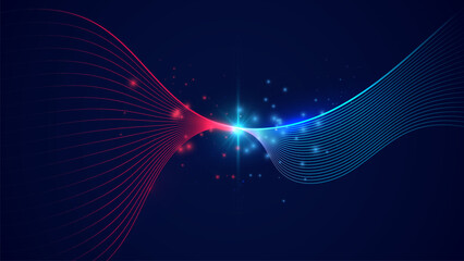 Dynamic red and blue neon wave lines on dark abstract background