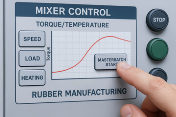 Rubber manufacturing mixer control panel with torque temperature graph and finger pressing start