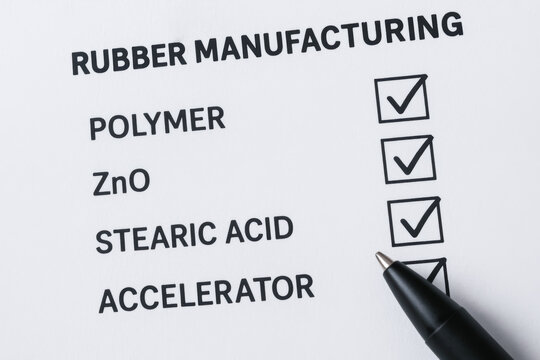 Rubber manufacturing checklist polymer ZnO stearic acid accelerator list with pen and check marks conveying industrial process quality control