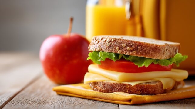 A close-up view showcases a vibrant packed school lunch featuring a tasty sandwich layered with cheese, lettuce, and tomato, alongside a shiny red apple - Powered by Adobe