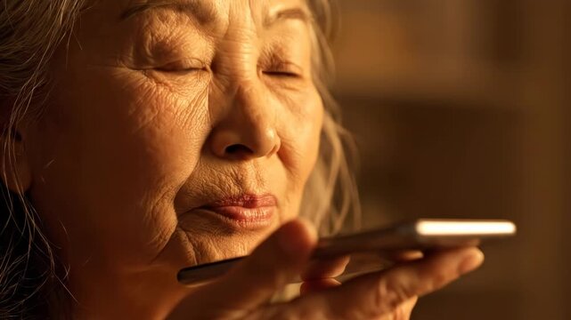 Elderly Asian woman uses smartphone to send a voice message in warm light.