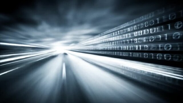 Dynamic digital highway with streaming binary code and motion blur. Illustrates fast data transfer, internet, technology, and future progress.
