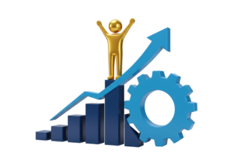 Golden figure on a blue graph with gear PNG isolated on transparent background for business success and growth concept