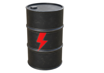 Black barrel with red lightning bolt PNG isolated on transparent background for industrial energy concept design