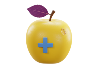 Yellow apple with a blue plus sign isolated on transparent background PNG for medical or healthcare concept