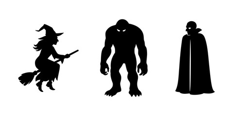 Zestaw sylwetek związanych z Halloween - wiedźma, potwór i wampir - ilustracja wektorowa © Monika