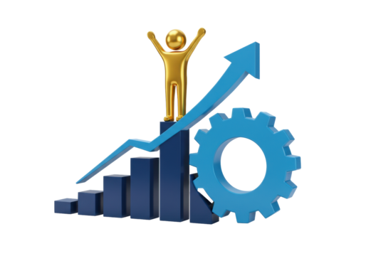 Golden figure on a blue graph with gear PNG isolated on transparent background for business success and growth concept