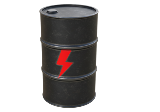 Black barrel with red lightning bolt PNG isolated on transparent background for industrial energy concept design