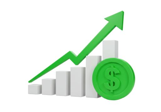 Green Dollar Coin and Growth Chart Isolated on Transparent Background PNG Finance and Investment Concept