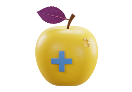 Yellow apple with a blue plus sign isolated on transparent background PNG for medical or healthcare concept
